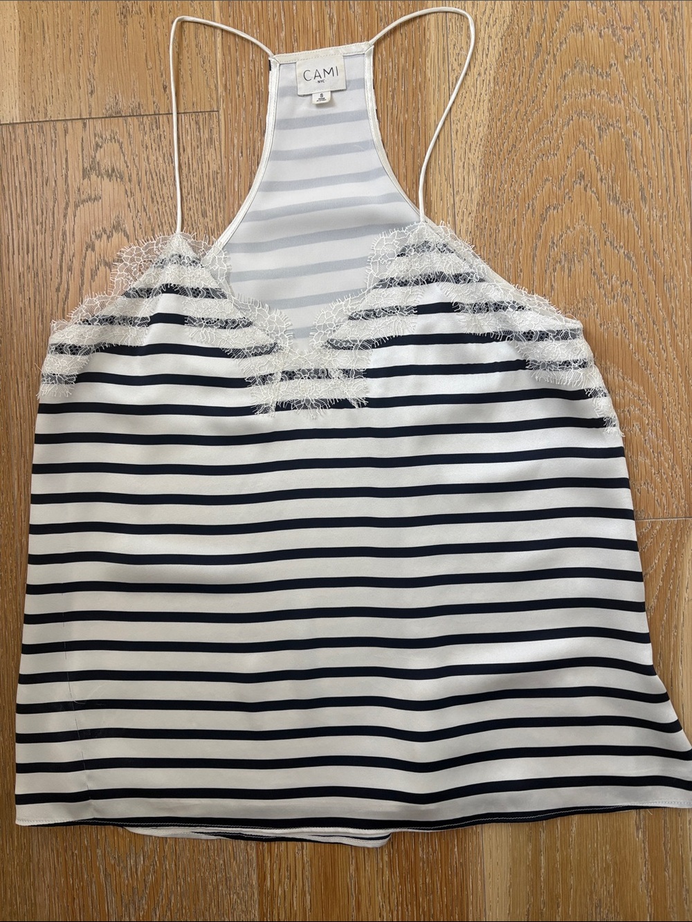 CAMI NYC Size Small Striped Lace-Trim Cami Top in White & Navy